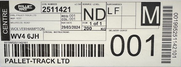 Example of a pallet label from Pallet-Track, including key information on destination, weight and consignment number